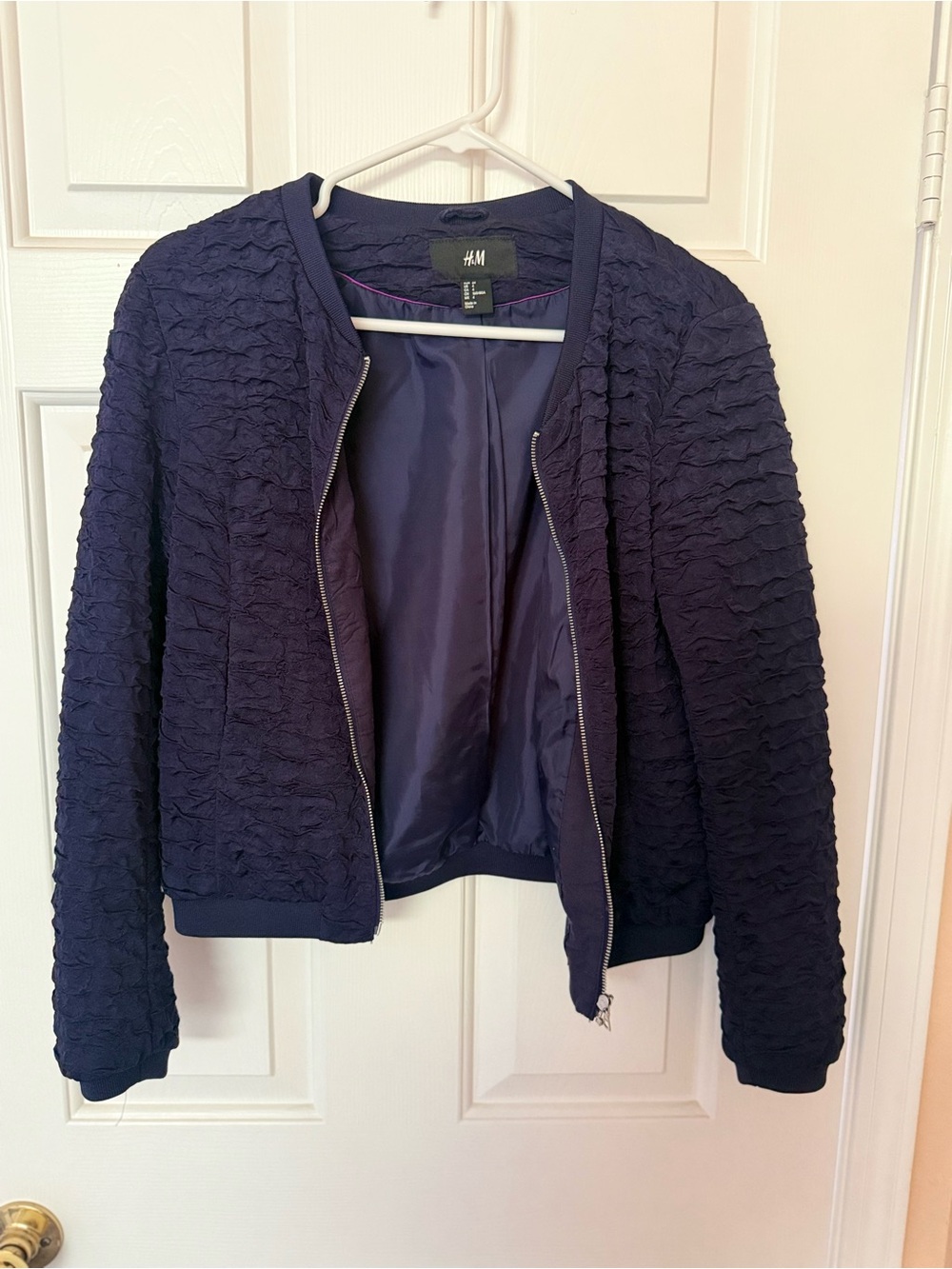 H&M Navy Textured Ruffle Bomber Jacket - Picture 2 of 3